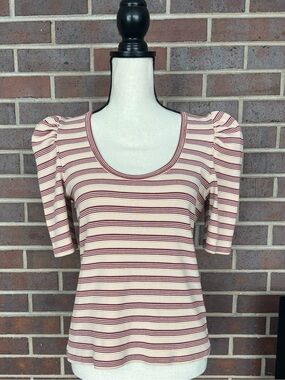 Veronica Beard Striped Puff-Sleeve Scoop Neck Top Cream Burgundy Stretch Sz M
